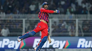 IPL/X : Mukul Choudhary celebrating LSG's win against KKR in IPL 2026 clash at Eden Gardens in Kolkata.