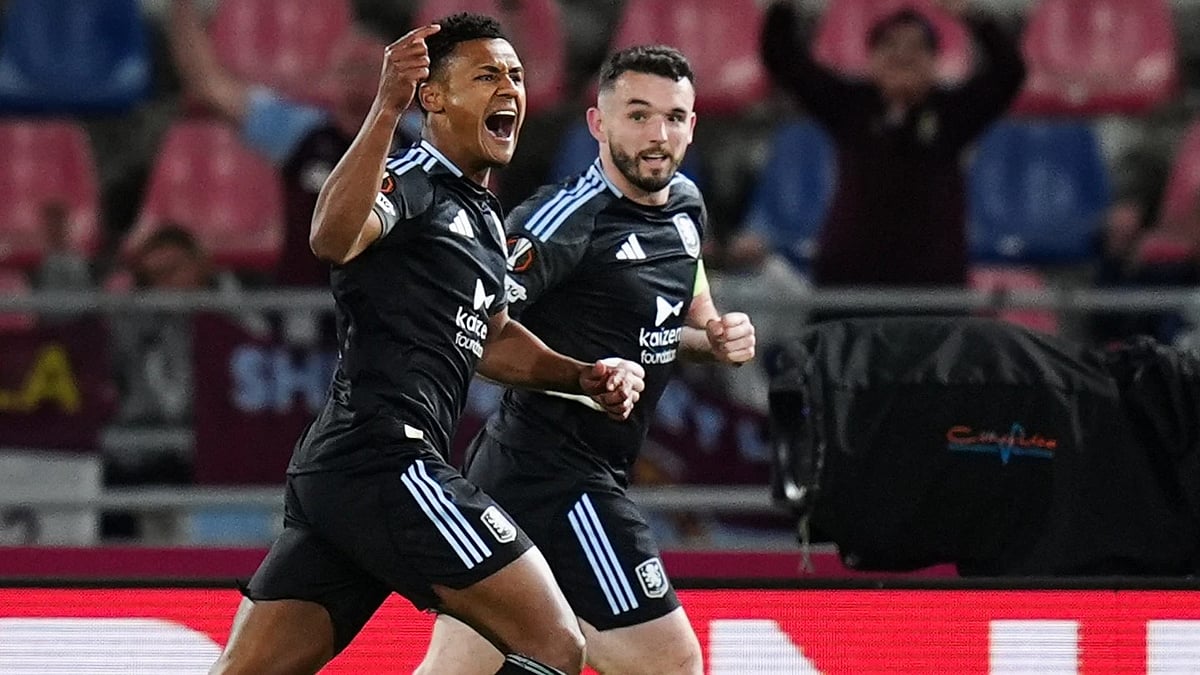 Ollie Waktins celebrates his goal in their Europa League quarter-final 1st leg. - AP