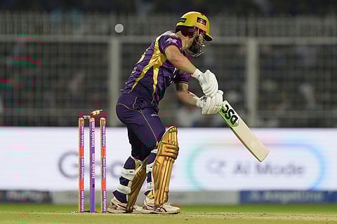Kolkata Knight Riders' Rinku Singh is bowled out during the Indian Premier League cricket match between Kolkata Knight Riders and Lucknow Super Giants in Kolkata, India.