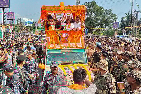 BJP leader Mithun Chakraborty holds a roadshow as part of the West Bengal Assembly elections, in Cooch Behar.
