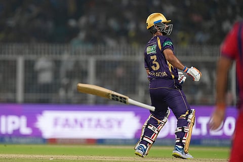 Kolkata Knight Riders' captain Ajinkya Rahane loses the grip of his bat during the Indian Premier League cricket match between Kolkata Knight Riders and Lucknow Super Giants in Kolkata, India.