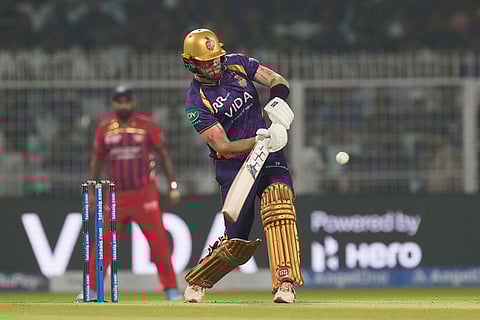 Kolkata Knight Riders' Finn Allen plays a shot during the Indian Premier League cricket match between Kolkata Knight Riders and Lucknow Super Giants in Kolkata, India.