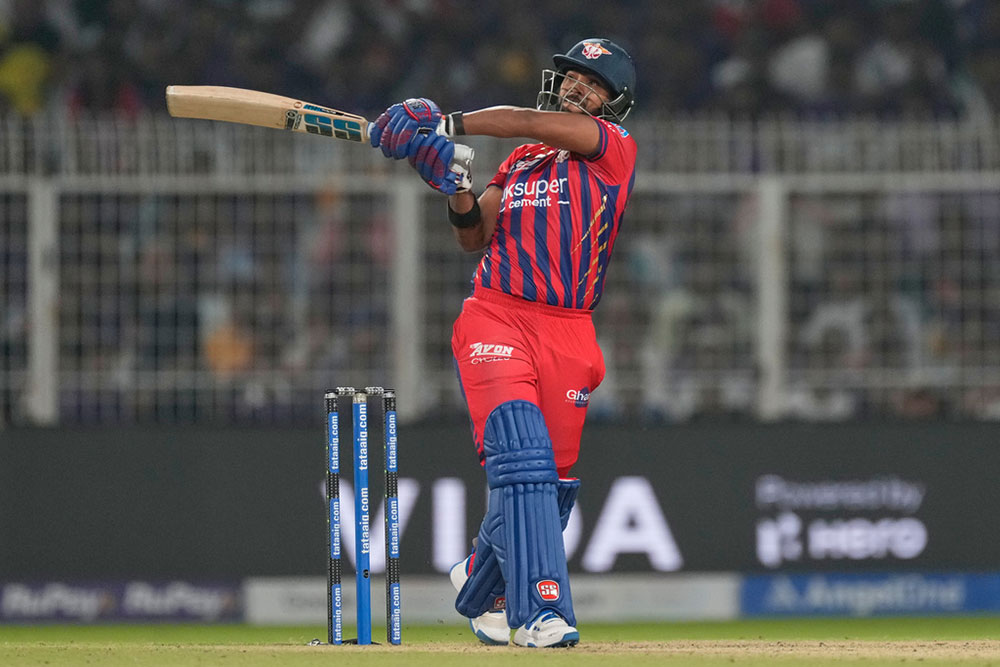 Lucknow Super Giants' Nicholas Pooran plays a shot during the Indian Premier League cricket match between Kolkata Knight Riders and Lucknow Super Giants in Kolkata, India.