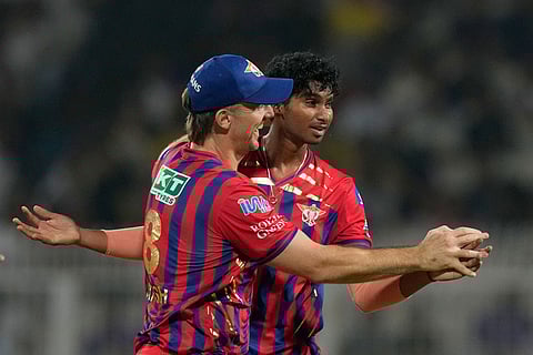 Lucknow Super Giants' Manimaran Siddharth celebrates the wicket of Kolkata Knight Riders' Angkrish Raghuvanshi during the Indian Premier League cricket match between Kolkata Knight Riders and Lucknow Super Giants in Kolkata, India.