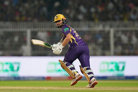 Kolkata Knight Riders' Rinku Singh plays a shot during the Indian Premier League cricket match between Kolkata Knight Riders and Lucknow Super Giants in Kolkata, India.