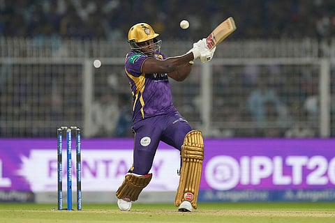 Kolkata Knight Riders' Rovman Powell plays a shot during the Indian Premier League cricket match between Kolkata Knight Riders and Lucknow Super Giants in Kolkata, India.