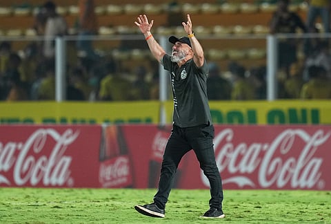 Coach Rafael Guanaes of Brazil's Mirassol celebrates winning 1-0 against Argentina's Lanus at the end of a Copa Libertadores Group G soccer match in Mirassol, Sao Paulo state.