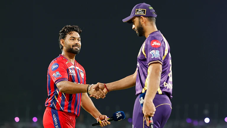 Ajinkya Rahane and Rishabh Pant at toss of KKR vs LSG IPL 2026 at Eden Gardens in Kolkata. - IPL/X
