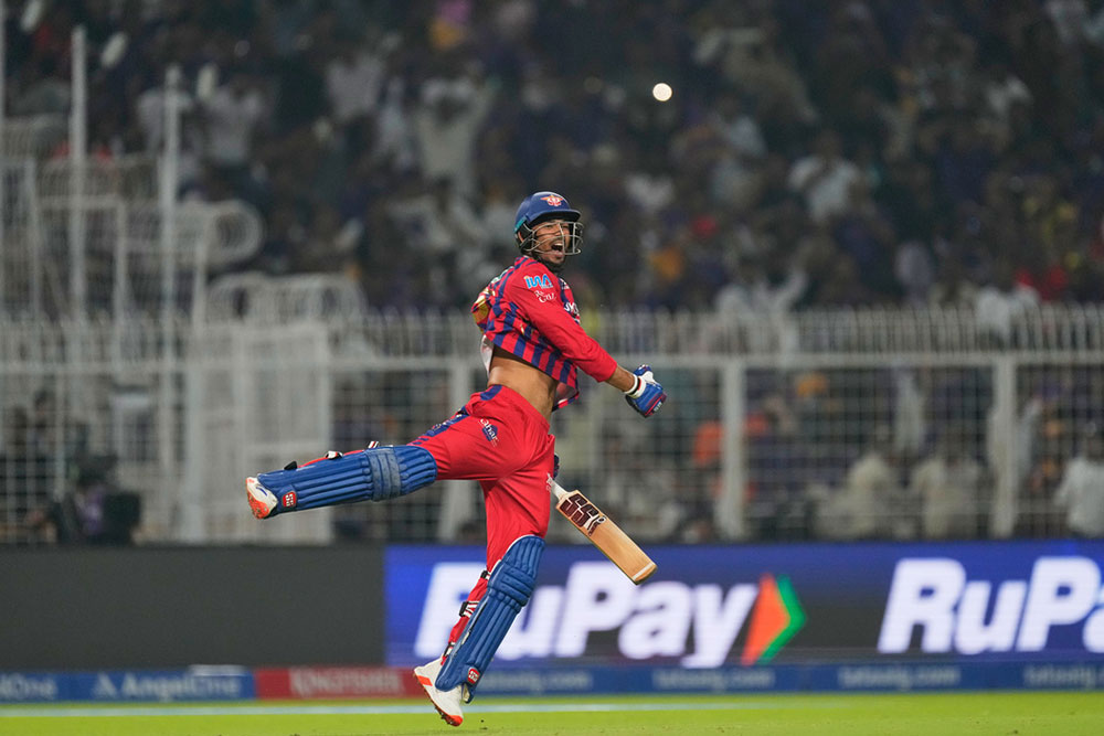 Lucknow Super Giants' Mukul Choudhary celebrates the win over Kolkata Knight Riders in the Indian Premier League cricket match between Kolkata Knight Riders and Lucknow Super Giants in Kolkata, India.