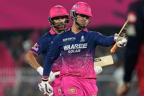 dRajasthan Royals' Vaibhav Sooryavanshi celebrates his fifty runs uring the Indian Premier League cricket match between Royal Challengers Bengaluru and Rajasthan Royals in Guwahati, India.