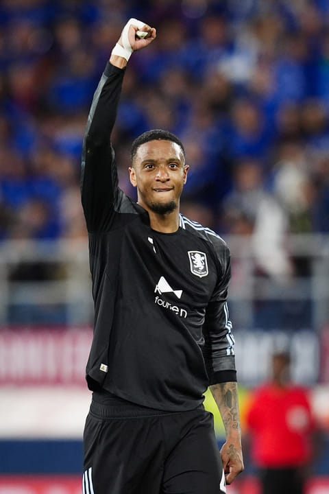 Aston Villa's Ezri Konsa celebrates scoring during the Europa League soccer match between Bologna and Aston Villa in Bologna, Italy.
