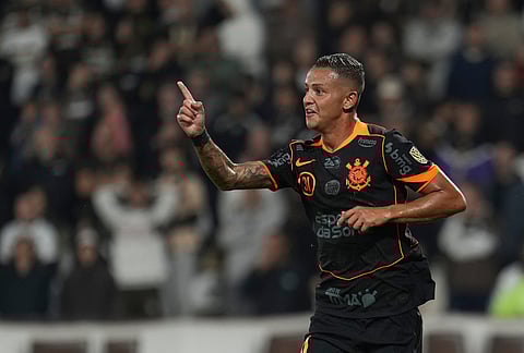 Kayke Ferrari of Brazil's Corinthians celebrates scoring his side's opening goal against Argentina's Platense during a Copa Libertadores Group E soccer match in Buenos Aires, Argentina.