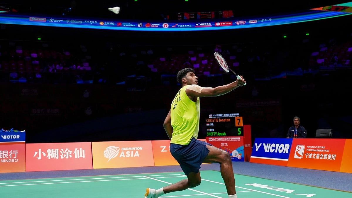 Ayush Shetty in action during the men's singles quarter-finals at the Badminton Asia Championships 2026. - Badminton Asia Championships