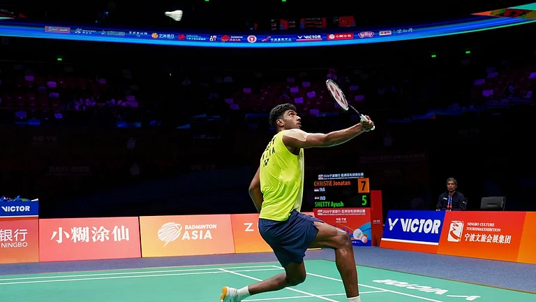 Ayush Shetty in action during the men's singles quarter-finals at the Badminton Asia Championships 2026. - Badminton Asia Championships