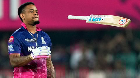 Shimron Hetmyer reacts after his dismissal during the Indian Premier League match between Royal Challengers Bengaluru and Rajasthan Royals in Guwahati.