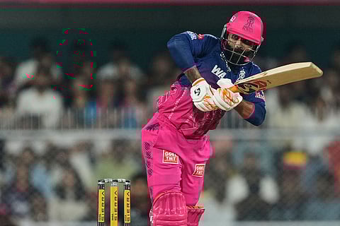 Rajasthan Royals' Ravindra Jadeja plays a shot during the Indian Premier League cricket match between Royal Challengers Bengaluru and Rajasthan Royals in Guwahati, India.