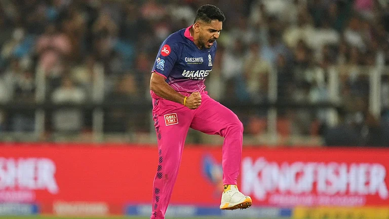 Rajasthan Royals' Tushar Deshpande celebrates after winning the Indian Premier League match between Gujarat Titans and Rajasthan Royals in Ahmedabad. - AP