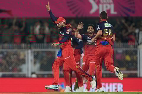 Royal Challengers Bengaluru's Virat Kohli and others celebrates the wicket of Rajasthan Royals' Yashasvi Jaiswal during the Indian Premier League cricket match between Royal Challengers Bengaluru and Rajasthan Royals in Guwahati, India.