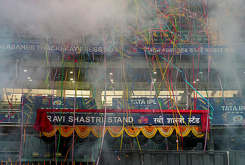 The Ravi Shastri Stand is unveiled at Wankhede Stadium, in Mumbai.