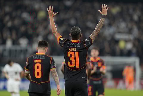 Kayke Ferrari of Brazil's Corinthians celebrates scoring his side's opening goal against Argentina's Platense during a Copa Libertadores Group E soccer match in Buenos Aires, Argentina.