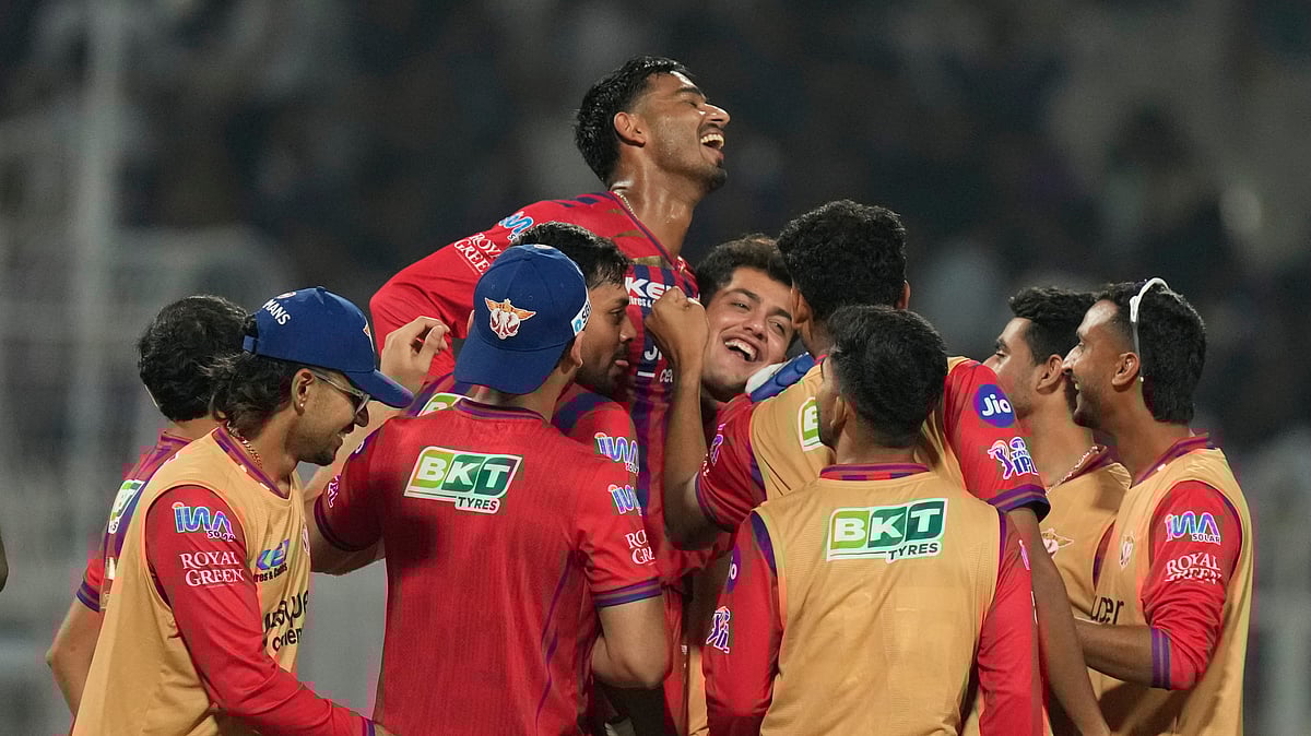 Lucknow Super Giants' Mukul Choudhary with teammates celebrate the win over Kolkata Knight Riders in the Indian Premier League cricket match between Kolkata Knight Riders and Lucknow Super Giants in Kolkata, India, Thursday, April 9, 2026. - (AP Photo/Bikas Das)