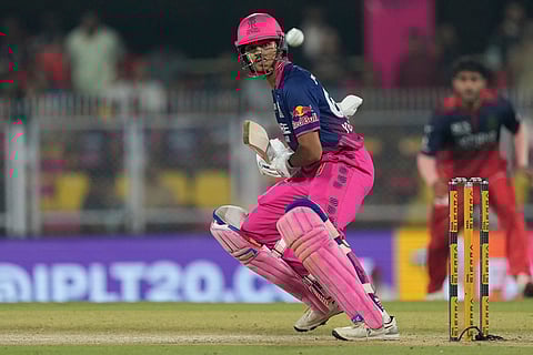 Rajasthan Royals' Yashasvi Jaiswal plays a shot during the Indian Premier League cricket match between Royal Challengers Bengaluru and Rajasthan Royals in Guwahati, India.