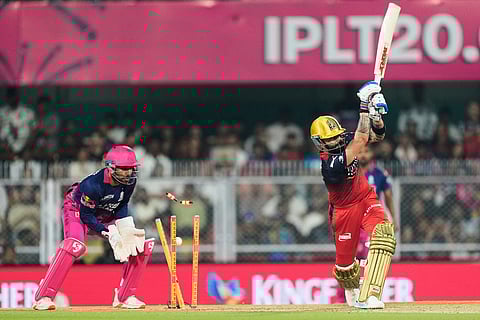 Royal Challengers Bengaluru's Virat Kohli bowled out during the Indian Premier League cricket match between Royal Challengers Bengaluru and Rajasthan Royals in Guwahati, India.
