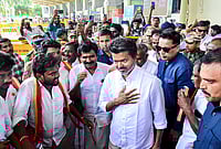 | Photo: PTI  : Actor and Tamilaga Vettri Kazhagam (TVK) chief Vijay being greeted by supporters upon his arrival at the airport, before heading to Karaikudi for an election campaign ahead of the Tamil Nadu Assembly polls, in Madurai.