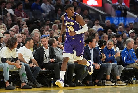 Los Angeles Lakers forward Rui Hachimura (28) runs up the court after scoring against the Golden State Warriors during the second half of an NBA basketball game in San Francisco.