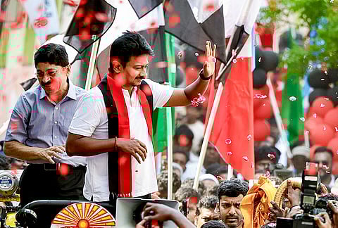 Tamil Nadu Deputy Chief Minister Udhayanidhi Stalin, with DMK MP Dayanidhi Maran, campaigns for Chepauk-Thiruvallikeni constituency ahead of the state Assembly elections, in Chennai, Tamil Nadu.