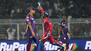 (AP Photo/Bikas Das) : Lucknow Super Giants' Mukul Choudhary celebrates the win over Kolkata Knight Riders in the Indian Premier League cricket match between Kolkata Knight Riders and Lucknow Super Giants in Kolkata, India, Thursday, April 9, 2026.