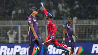 (AP Photo/Bikas Das) : Lucknow Super Giants' Mukul Choudhary celebrates the win over Kolkata Knight Riders in the Indian Premier League cricket match between Kolkata Knight Riders and Lucknow Super Giants in Kolkata, India, Thursday, April 9, 2026.
