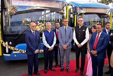 External Affairs Minister S Jaishankar with Mauritius Prime Minister Navin Ramgoolam and other officials during the handover of electric buses under India's grant assistance, in Port Louis, Mauritius. 