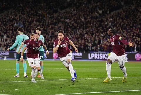 West Ham United's Konstantinos Mavropanos celebrates scoring their side's first goal of the game during their English Premier League soccer match against Wolverhampton Wanderers in London.
