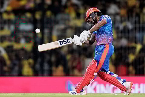 Delhi Capitals' Pathum Nissanka hits a boundary during the Indian Premier League cricket match between Chennai Super Kings and Delhi Capitals in Chennai.