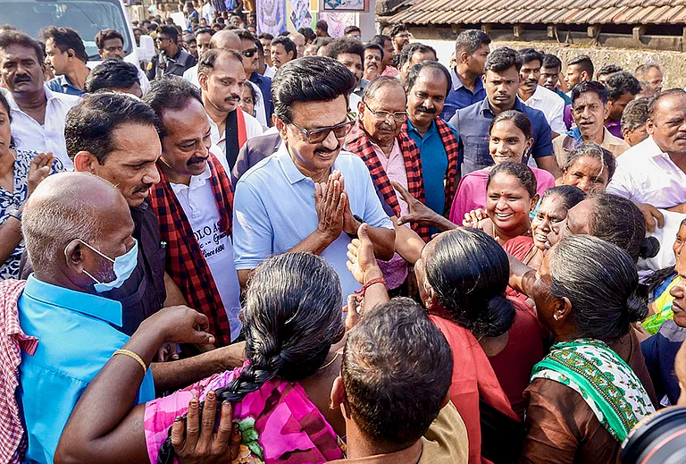 Tamil Nadu Chief Minister MK Stalin interacts with people during an outreach campaign ahead of the state Assembly elections, in Viralimalai, Pudukkottai district, Tamil Nadu.
- Photo: @mkstalin/X via PTI