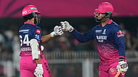 | Photo: AP/Anupam Nath : Rajasthan Royals' Vaibhav Sooryavanshi, right and Rajasthan Royals' Yashasvi Jaiswal toss during the Indian Premier League cricket match between Royal Challengers Bengaluru and Rajasthan Royals in Guwahati, India.