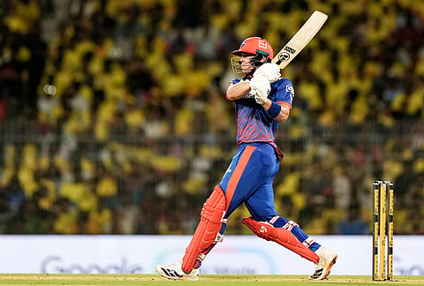 Delhi Capitals' Tristan Stubbs hits a six during the Indian Premier League cricket match between Chennai Super Kings and Delhi Capitals in Chennai.