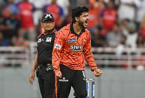 Sunrisers Hyderabad's Shivang Kumar celebrates the dismissal of Punjab Kings' Cooper Connolly during the Indian Premier League cricket match between Punjab Kings and Sunrisers Hyderabad in New Chandigarh.