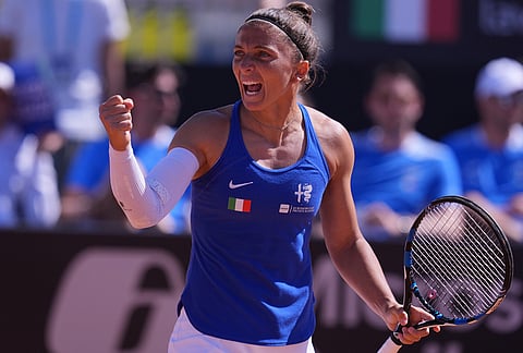 Italy's Sara Errani celebrates a point with teammate Jasmine Paolini during a Billy Jean King Cup doubles match against Japan's Eri Hozumi and Shuko Aoyama, in Velletri, Italy.