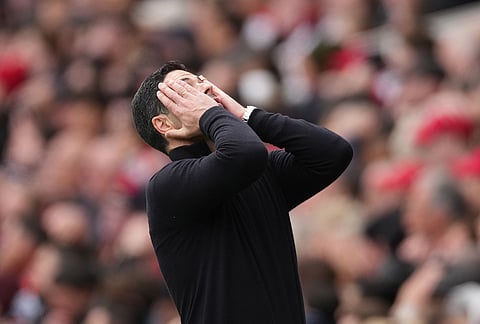 Arsenal's manager Mikel Arteta reacts during the Premier League soccer match between Arsenal and Bournemouth in London, England.