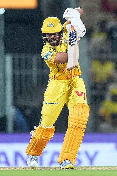 Chennai Super Kings' captain Ruturaj Gaikwad plays a shot during the Indian Premier League cricket match between Chennai Super Kings and Delhi Capitals in Chennai.
