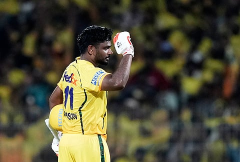 Chennai Super Kings' Sanju Samson celebrates his century during the Indian Premier League cricket match between Chennai Super Kings and Delhi Capitals in Chennai.