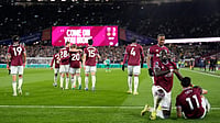 | Photo: AP/Jordan Pettitt : West Ham United's Taty Castellanos, bottom right, celebrates scoring with teammates during their English Premier League soccer match against Wolverhampton Wanderers in London, Friday, April 10, 2026.