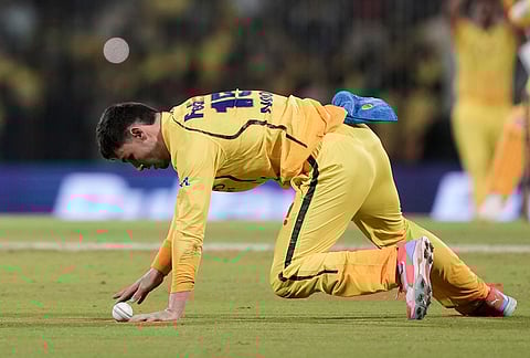 Chennai Super Kings' Noor Ahmed fields the ball during the Indian Premier League cricket match between Chennai Super Kings and Delhi Capitals in Chennai.
