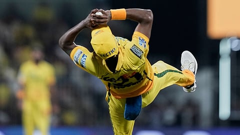 Akeal Hosein takes the catch to dismiss Auqib Nabi during the Indian Premier League match between Chennai Super Kings and Delhi Capitals in Chennai.
