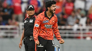 AP Photo : Shivang Kumar celebrates after taking a wicket during PBKS vs LSG IPL 2026 match at the Mullanpur Stadium.