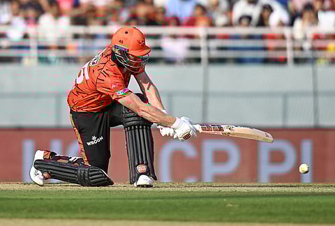 Sunrisers Hyderabad's Heinrich Klaasen plays a shot during the Indian Premier League cricket match between Punjab Kings and Sunrisers Hyderabad in New Chandigarh.