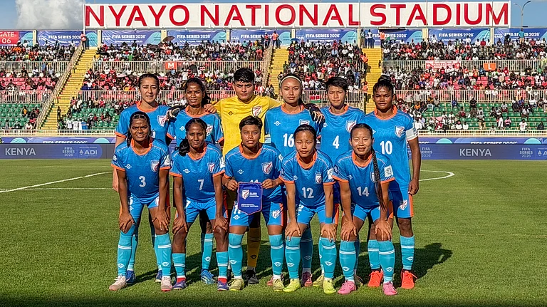 India women's football team taking the team photo ahead of their FIFA Series match against Kenya on April 11, 2026. - | Photo: AIFF