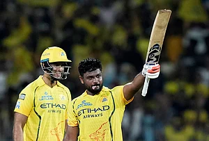 | Photo: AP/Mahesh Kumar A. : Chennai Super Kings' Sanju Samson, right, celebrates his century during the Indian Premier League cricket match between Chennai Super Kings and Delhi Capitals in Chennai.